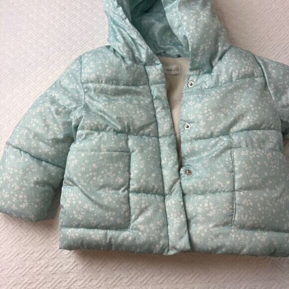 MNG Baby Girl Size 12-18 Month Blue White Floral Snow Ski Rain Jacket Full Zip - Picture 3 of 12